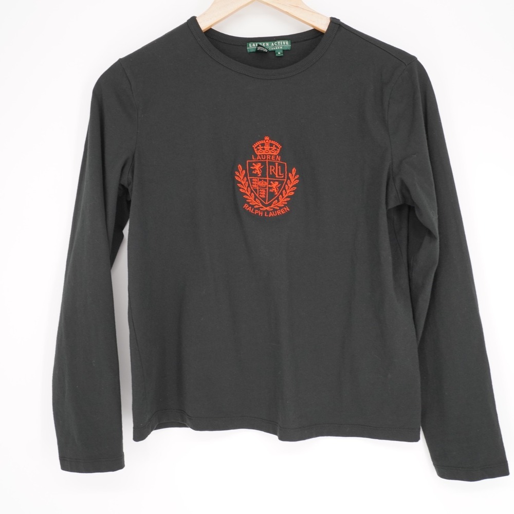 Lauren Ralph Lauren Active Long Sleeve T-Shirt Womens M Black Graphic Crest Logo